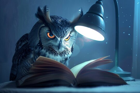 An owl reading a book under a lamp advertising an educational app for kids