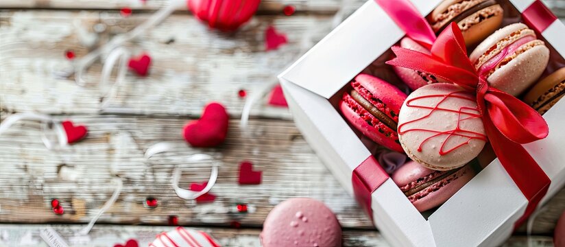Valentine s Day theme with a white rustic wooden backdrop holding a white gift box filled with vibrant macarons creating a romantic copy space image