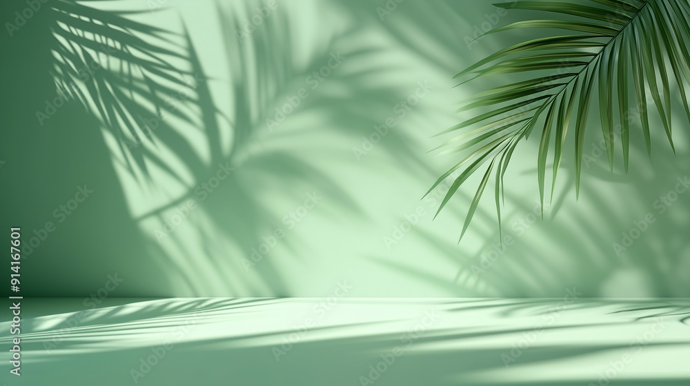 Poster 3D rendering of a green background with soft palm leaf shadows creating a serene atmosphere. This minimalist design offers an ideal empty space for product presentation or mockup scene template, captu