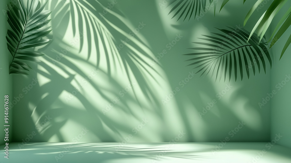 Poster 3D rendering of a green background with soft palm leaf shadows creating a serene atmosphere. This minimalist design offers an ideal empty space for product presentation or mockup scene template, captu