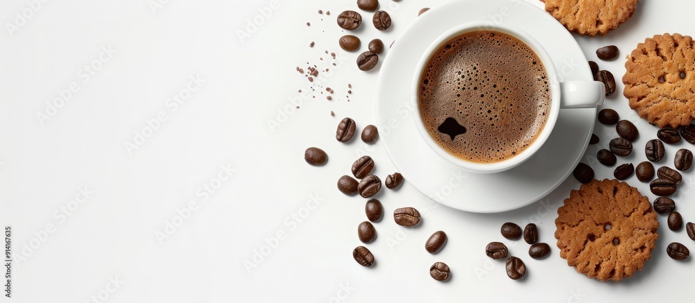Poster tasty biscuit cup filled with coffee and roasted beans placed on a white backdrop with ample copy sp