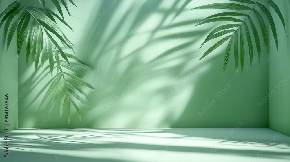 Poster 3D rendering of a green background with soft palm leaf shadows creating a serene atmosphere. This minimalist design offers an ideal empty space for product presentation or mockup scene template, captu
