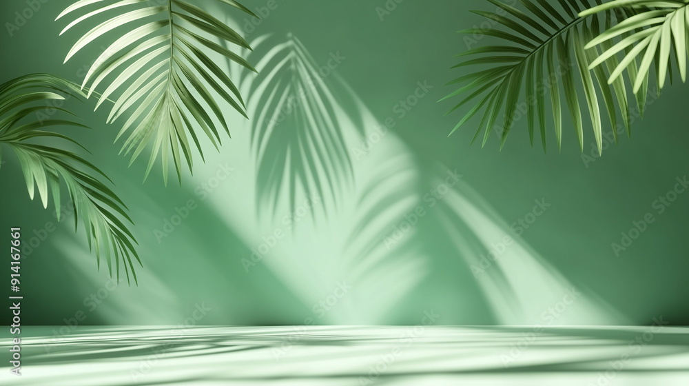 Poster 3D rendering of a green background with soft palm leaf shadows creating a serene atmosphere. This minimalist design offers an ideal empty space for product presentation or mockup scene template, captu