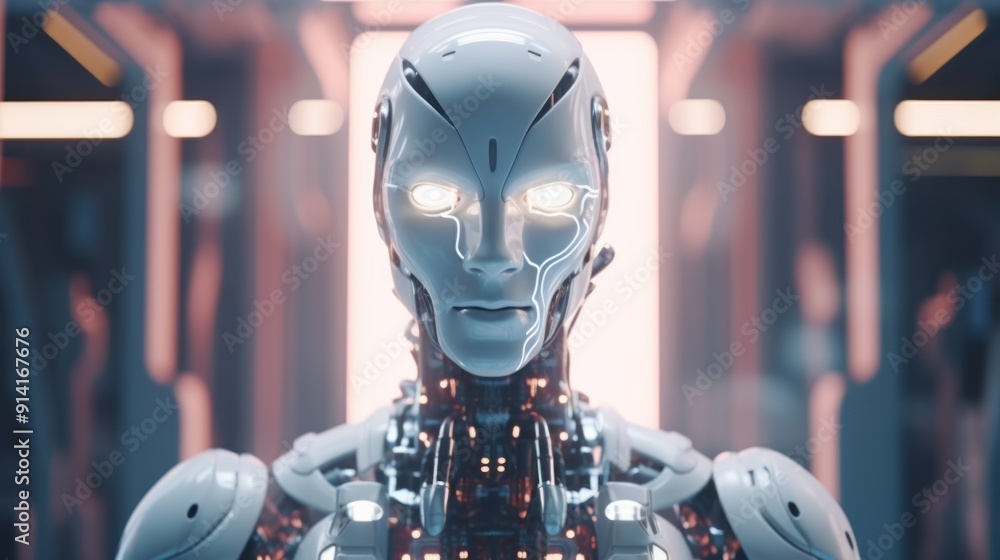 Poster humanoid robot in a futuristic setting
