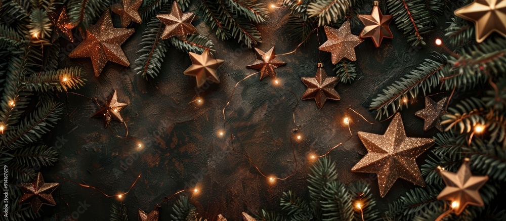 Poster a festive scene features brown stars on a fir tree backdrop with glowing garland lights creating a c