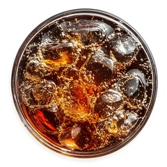 Top View of Soda Liquid Pushing in Transparent Glass with Ice Cubes on Isolated Background