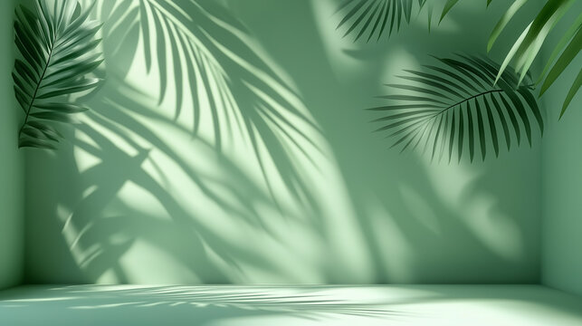 3D rendering of a green background with soft palm leaf shadows creating a serene atmosphere. This minimalist design offers an ideal empty space for product presentation or mockup scene template, captu