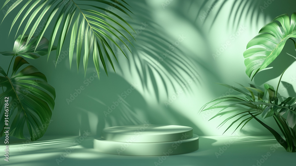 Poster 3D rendering of a green background with soft palm leaf shadows creating a serene atmosphere. This minimalist design offers an ideal empty space for product presentation or mockup scene template, captu