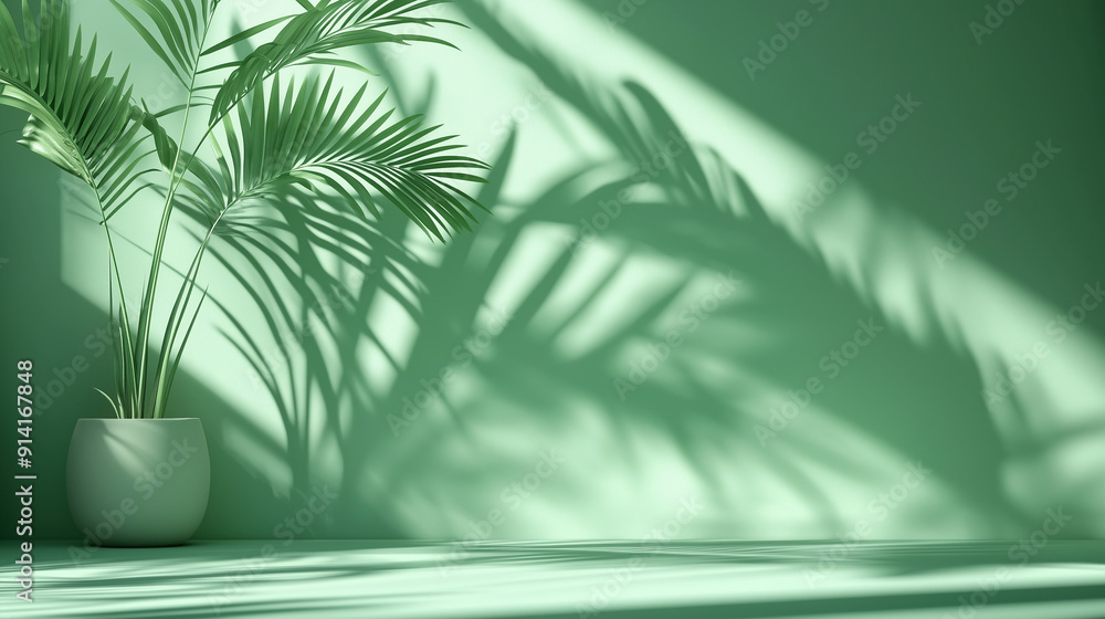 Poster 3D rendering of a green background with soft palm leaf shadows creating a serene atmosphere. This minimalist design offers an ideal empty space for product presentation or mockup scene template, captu
