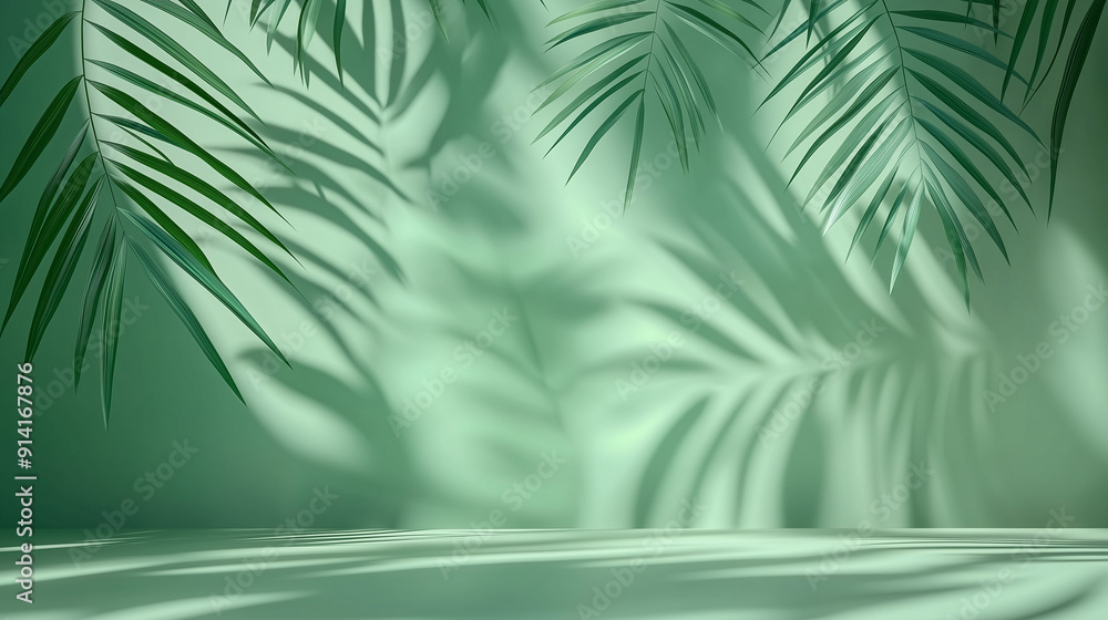 Poster 3D rendering of a green background with soft palm leaf shadows creating a serene atmosphere. This minimalist design offers an ideal empty space for product presentation or mockup scene template, captu