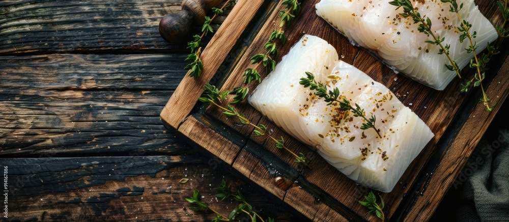 Aufkleber Raw cod fillets with thyme are displayed on a wooden board against a wooden backdrop in a top view photo with ample copy space image