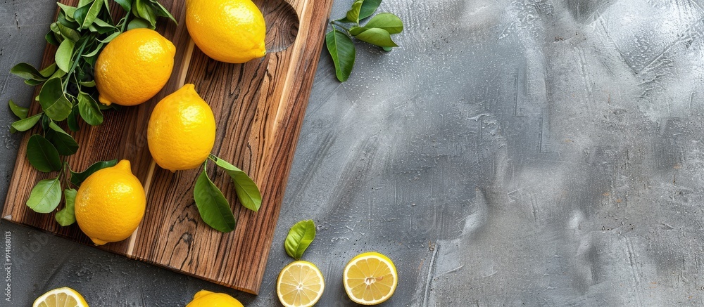 Poster fresh lemons arranged on a wooden cutting board in a flat lay composition with copy space image