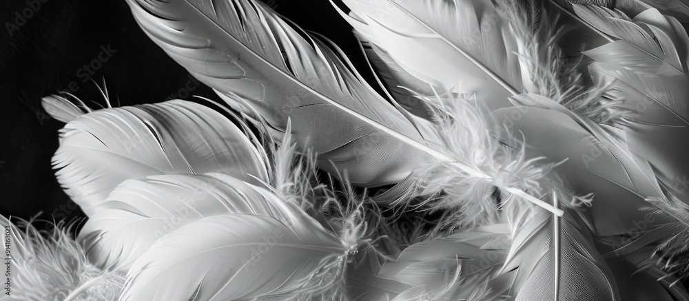 Aufkleber white feathers grouped together against a black background for a copy space image