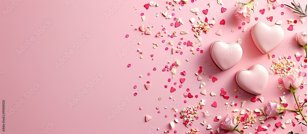 Poster pink background decorated with heart shaped boxes flower confetti or potpourri perfect for a copy sp