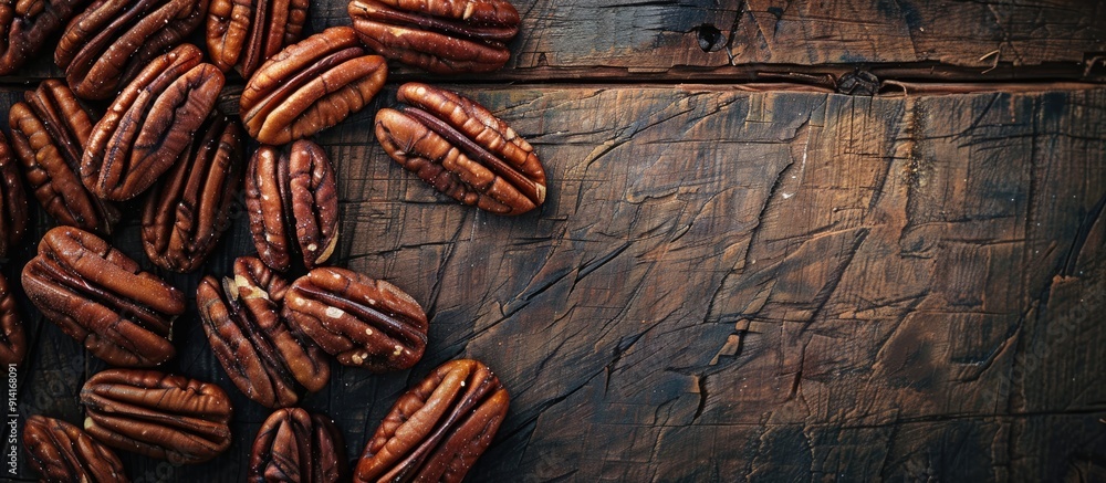 Poster copy space image of pecan halves on a wooden table