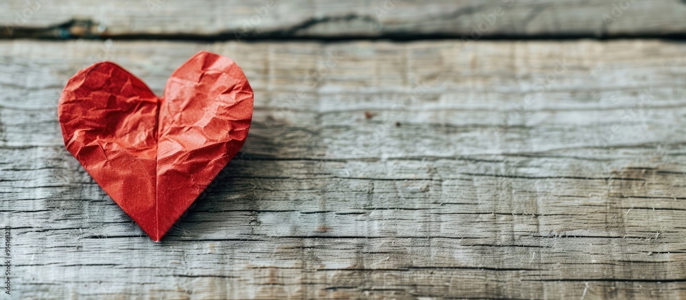 Poster valentine s day and romance concept with a red heart shaped paper on a wooden background showing lov