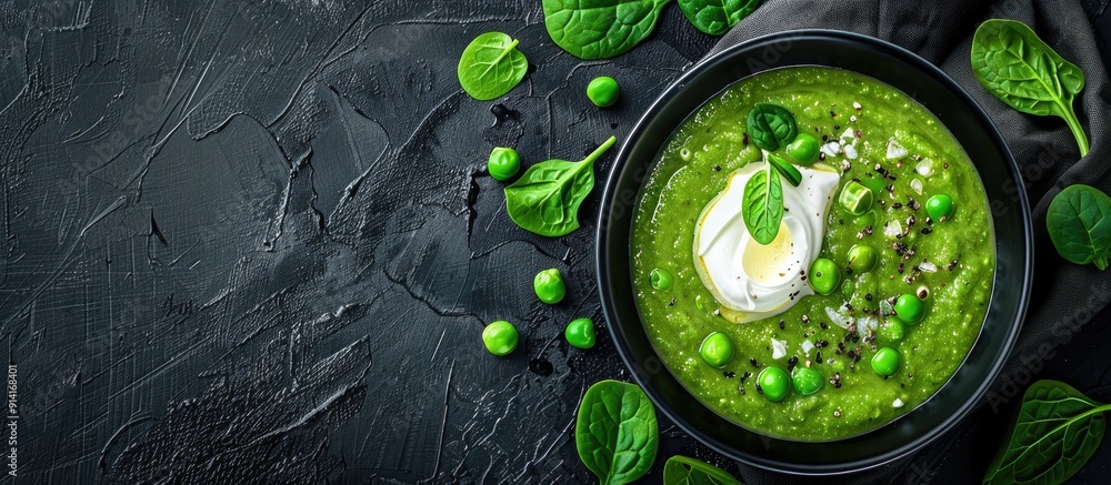Poster Vegan soup featuring peas spinach coconut cream and mint garnish set against a dark backdrop Include copy space image