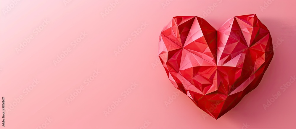 Leinwandbilder perfect for valentine s day a red paper heart in polygonal style on a pink backdrop ideal for variou