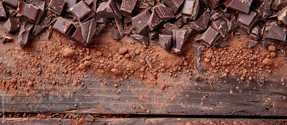 Aufkleber An image of shattered chocolate bits and cocoa powder on a wooden surface seen from above with a blank area for additional content in the frame