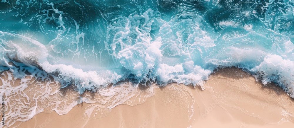 Poster tropical waves create a scenic ocean background with a sandy shore white foam and a serene natural v