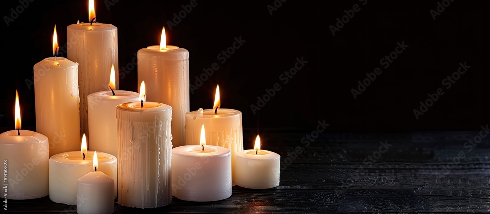 Poster various sizes of white candles burning on a black background creating a tranquil ambiance with copy 