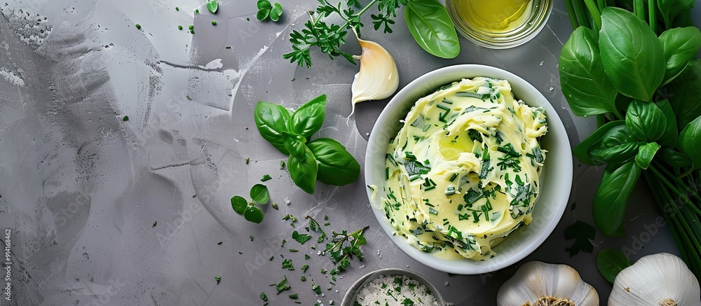 Aufkleber a herb infused butter featuring chives basil oregano parsley and garlic on a gray backdrop in a top 