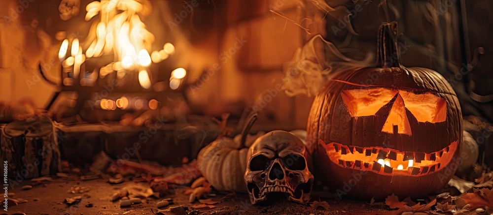 Poster a spooky halloween setting with a pumpkin and skull positioned beside a flickering fireplace creatin
