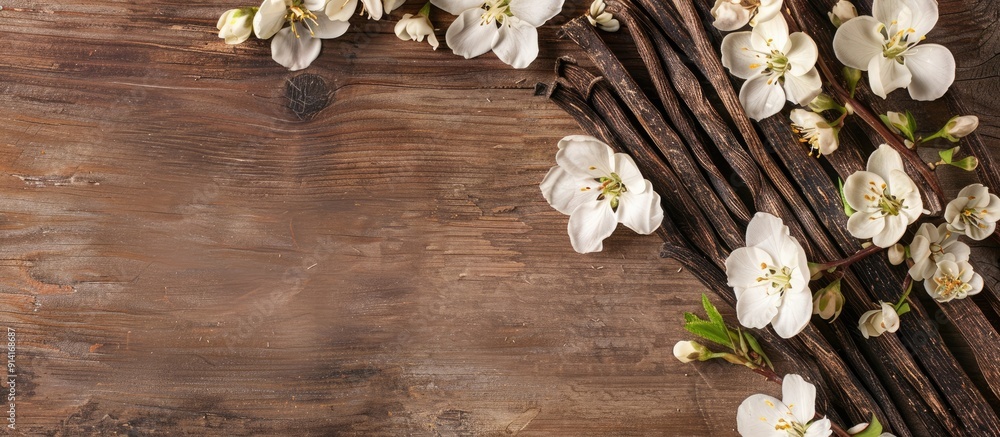 Poster wooden background with vanilla sticks and flowers for a flat lay composition with room for text in a
