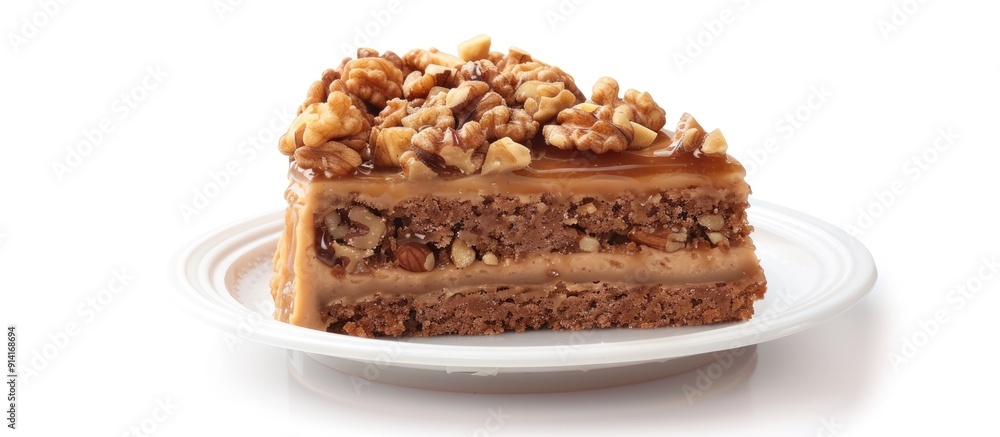 Aufkleber a walnut toffee cake presented on a plastic plate against a white background with ample copy space i