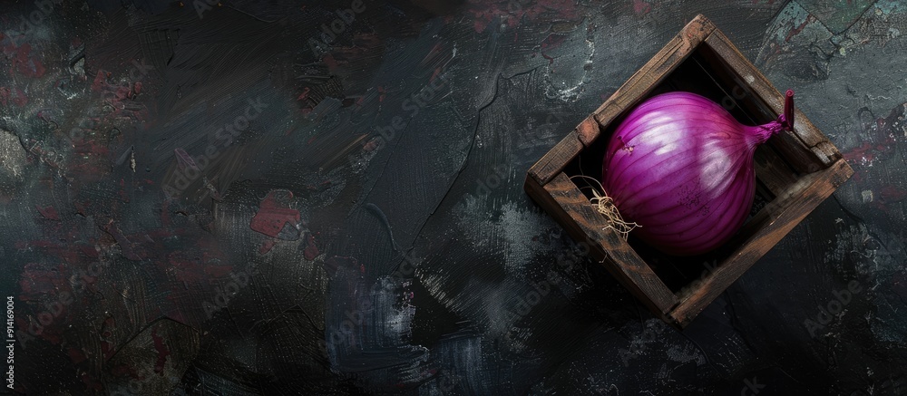 Poster top view of a purple onion in a wooden box on a black background with ample space for additional ima