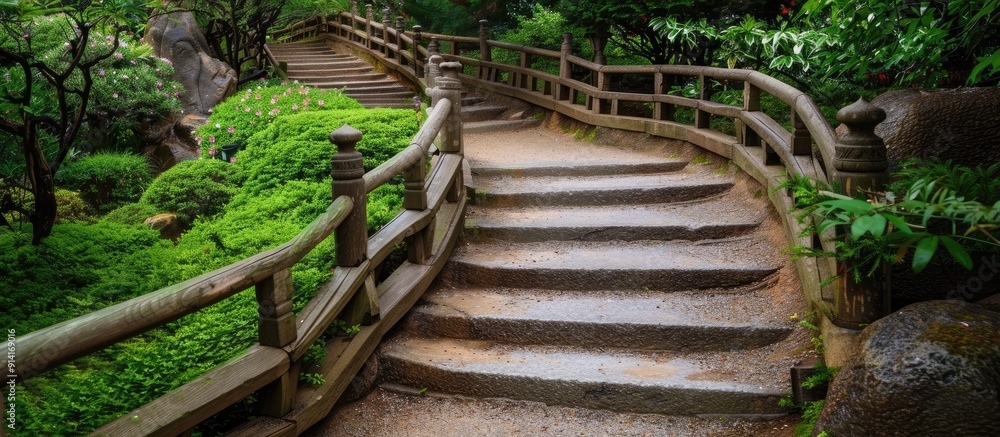 Poster A picture of the stairway on a bridge within a serene tea garden setting with ample copy space image available