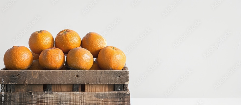 Poster fresh juicy oranges resting on a wooden box against a white backdrop showcasing a copy space image