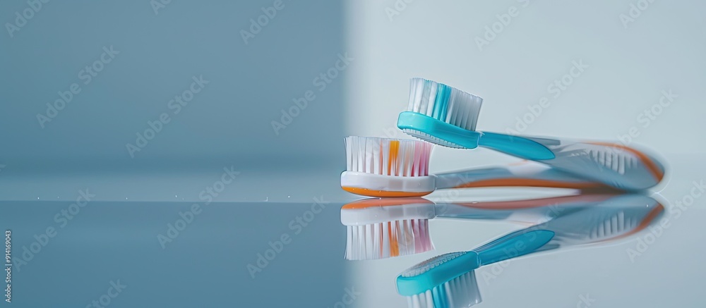 Aufkleber Two toothbrushes in different colors on a white surface with a reflection perfect for adding text or other elements in the copy space image