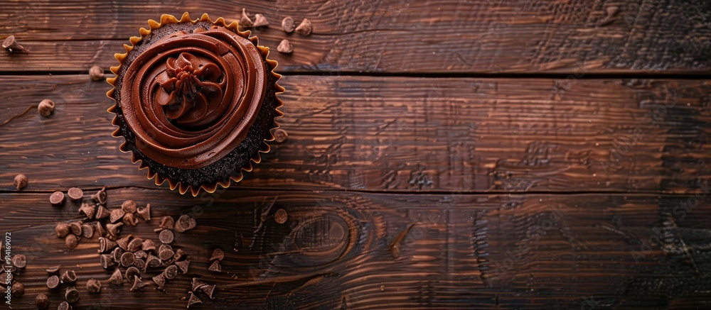 Aufkleber rustic top view of a chocolate cupcake on a table with copy space image for a delightful meal or sna