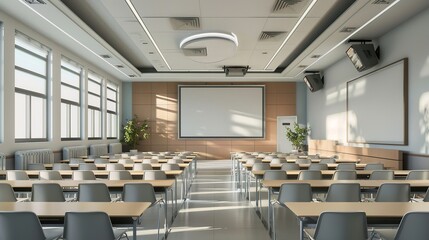 The school has modern interior design for its classrooms. The university's theater. Lecture Hall, Generative AI.