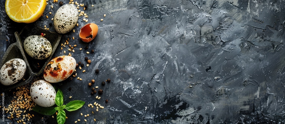 Poster Food concept featuring quail eggs lemon sesame and spices on a rustic dark surface with available copy space image