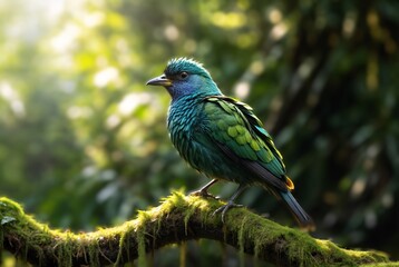 Obraz premium A emerald green bird with iridescent feathers sits on a moss-covered branch