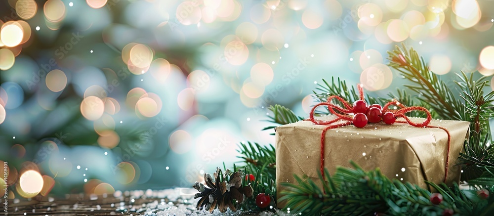 Poster festive holiday backdrop featuring christmas tree branches and a gift box against a bright backgroun