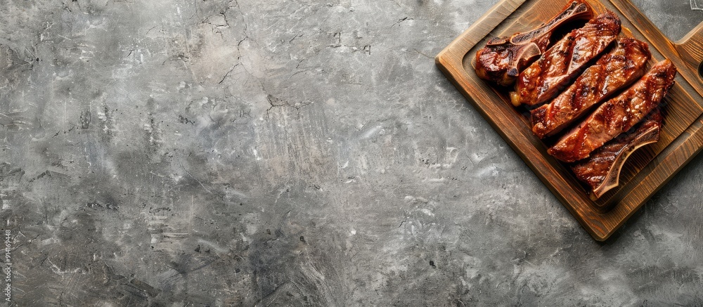 Aufkleber Top view of sliced grilled pork chop or T bone steak on a wooden board set against a gray background with available copy space image