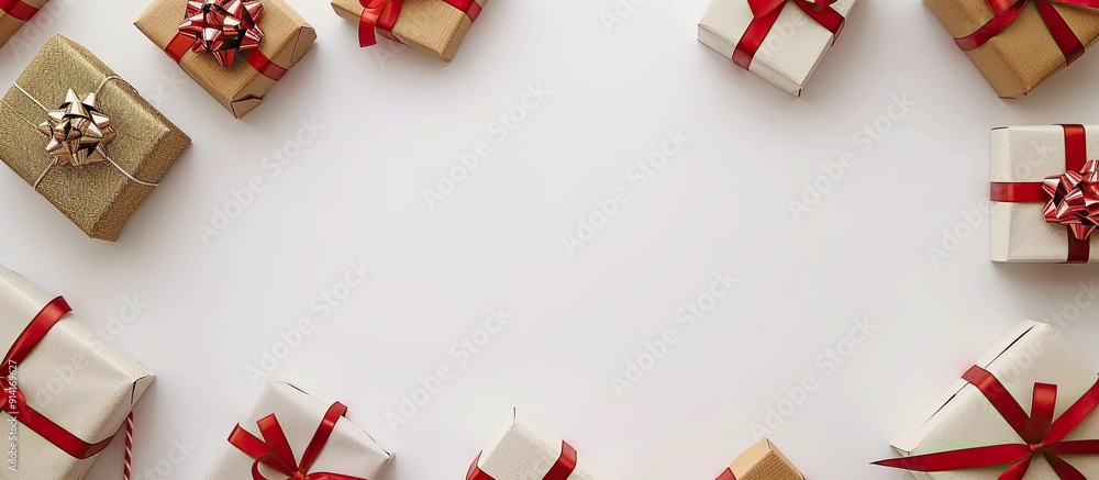 Fototapete there is a top down perspective of present boxes against a white backdrop with ample copy space imag