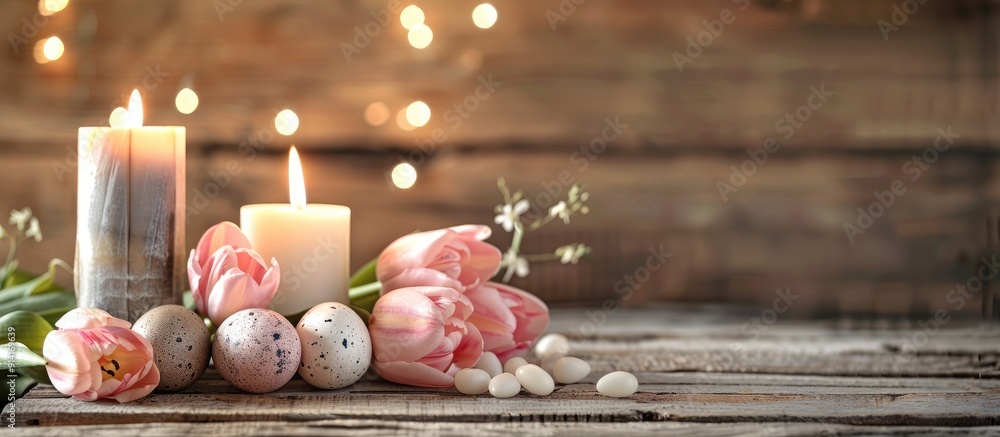 Poster easter themed decorations including eggs pink tulips and scented candles are displayed on a rustic w