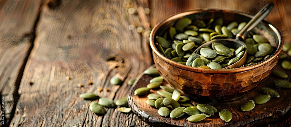 Poster pumpkin seeds and a vintage scoop in a copper bowl on a wooden background with copy space image avai