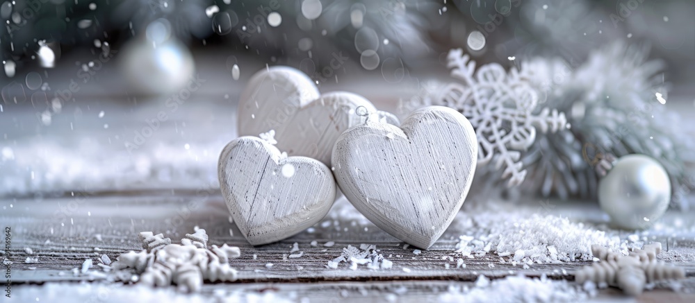 Poster festive greeting card with a snowfall effect features white wooden hearts snowflakes and ample copy 