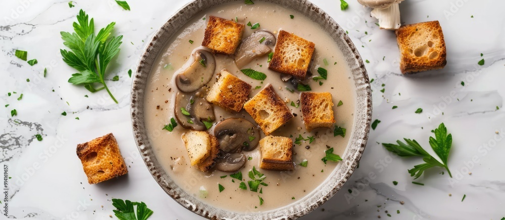 Poster top down view of a tasty mushroom cream soup with croutons on a white marble surface featuring copy 