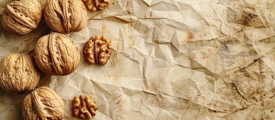 Old textured paper background with walnuts from Gran Canaria on a stylish square with copy space image