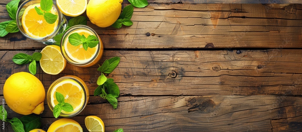 Poster wooden background with fresh lemonade composition featuring copy space image