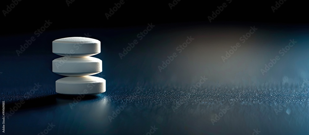 Poster white pills stacked neatly on a glossy black blue surface with copy space image