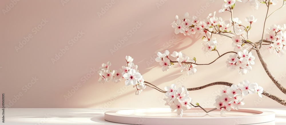 Leinwandbilder front view of geometric podium for product presentation with a spring tree branch featuring white fl