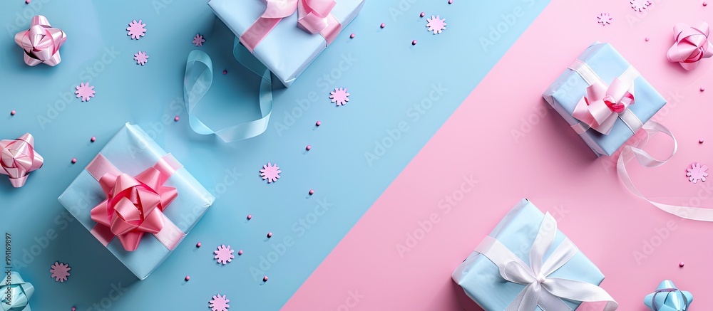 Poster Top view of a web banner featuring a traditional blue and pink background adorned with a gift box pink bows designed for content with plenty of space for text or images. Creative banner