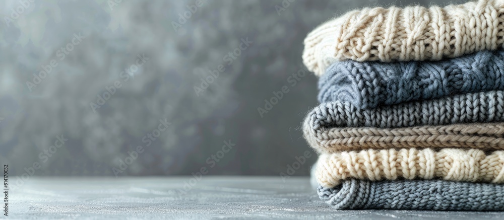 Poster Folded knitted sweaters stacked neatly on a grey table with ample copy space for text in the image